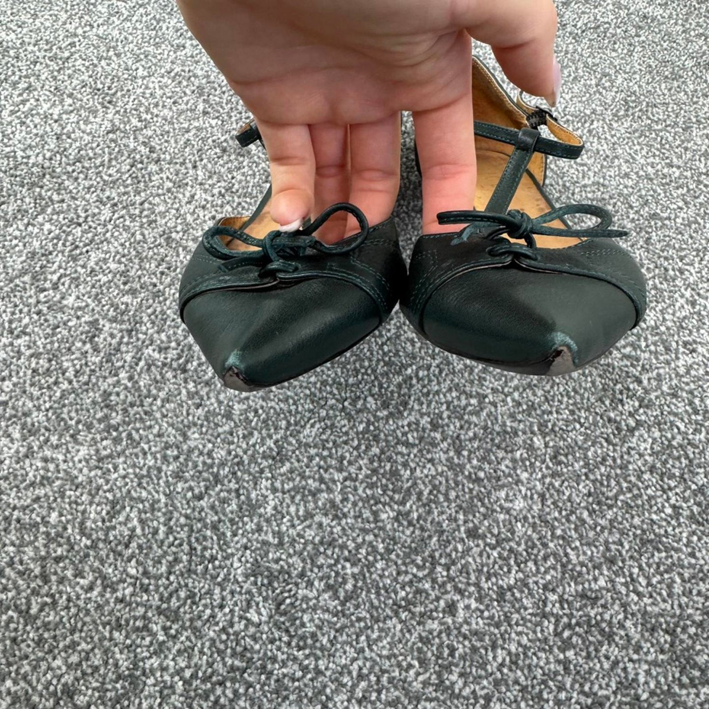 Y2K vintage genuine leather kitten heels pointed toe bow strappy dark green