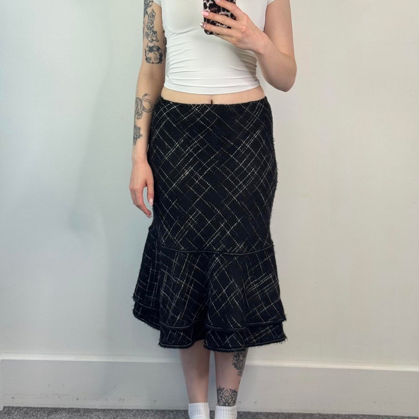 Y2K vintage crisscross pattern tiered midi skirt a line frill hem mid rise
