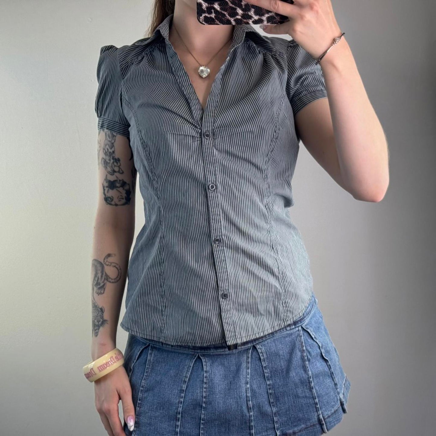 Y2K vintage pinstripe button up short sleeve blouse v neck ruched shirt