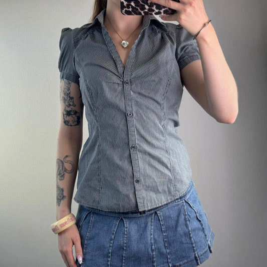 Y2K vintage pinstripe button up short sleeve blouse v neck ruched shirt