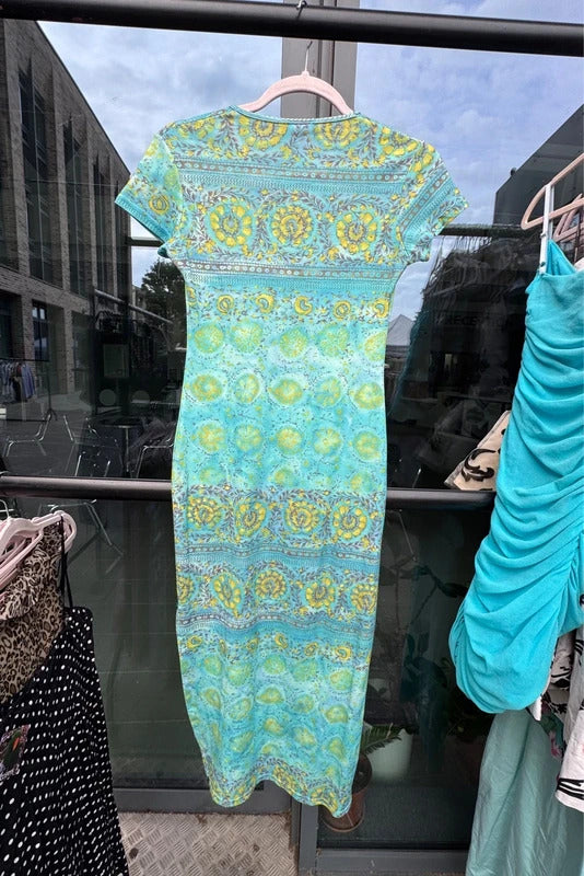 Vintage 2000s mesh short sleeve fitted bodycon maxi dress abstract pattern