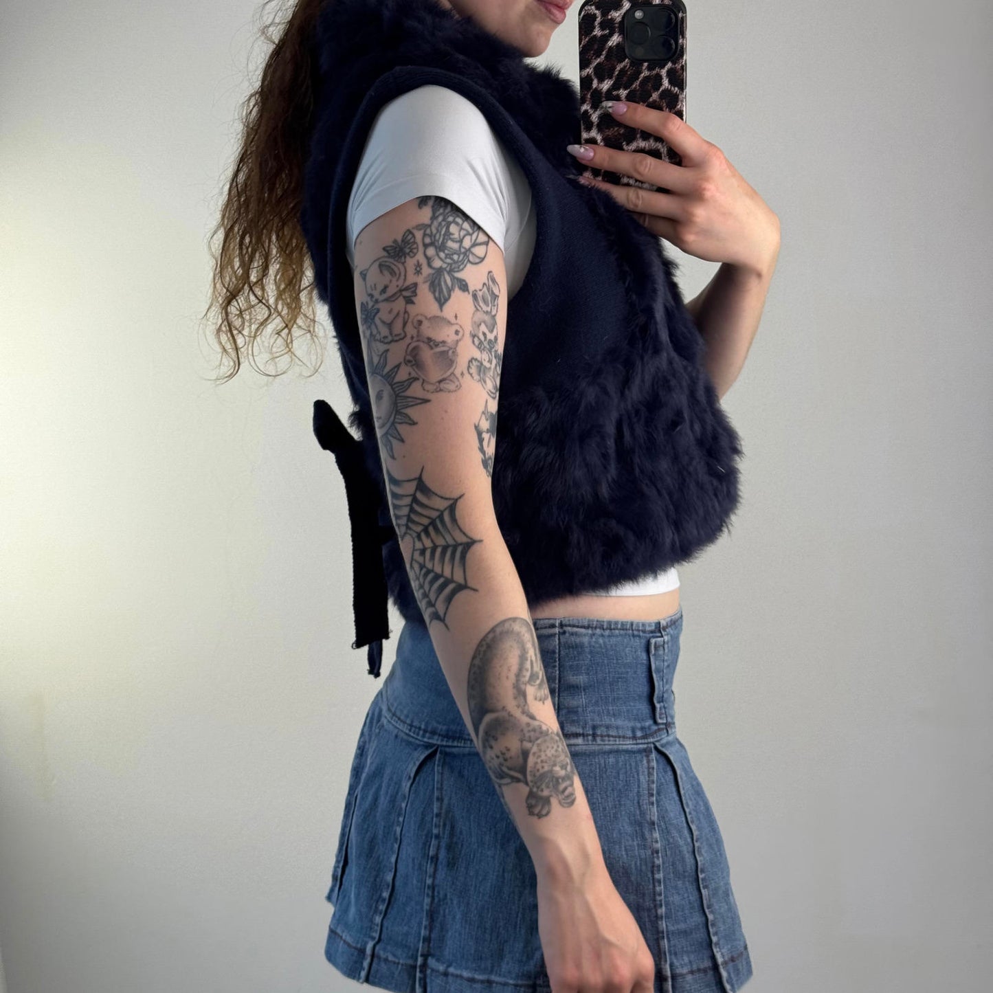 Genuine lapin rabbit fur gilet lace up back sleeveless jacket blue hook and eye