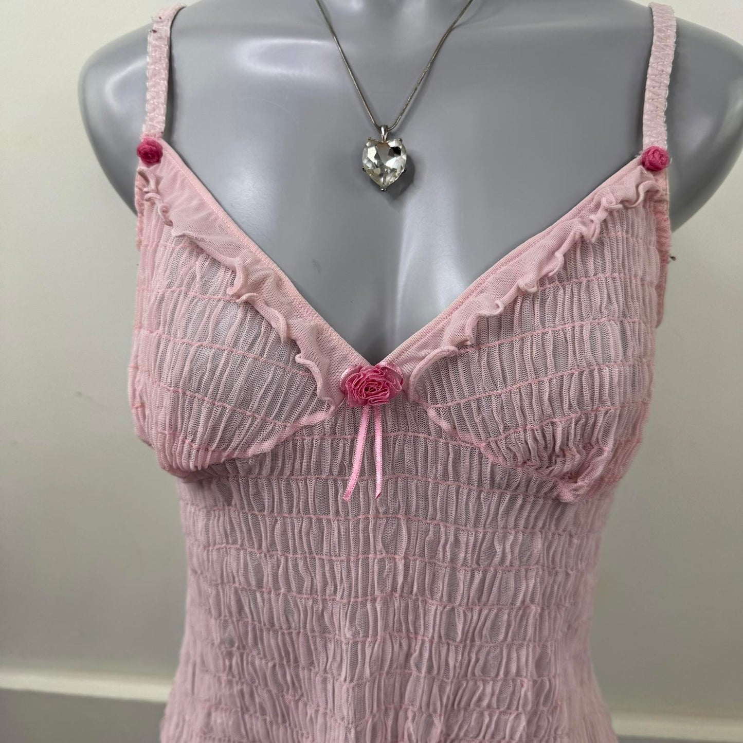 Y2K vintage mesh cami top crinkle rose baby pink lettuce hem cropped sheer
