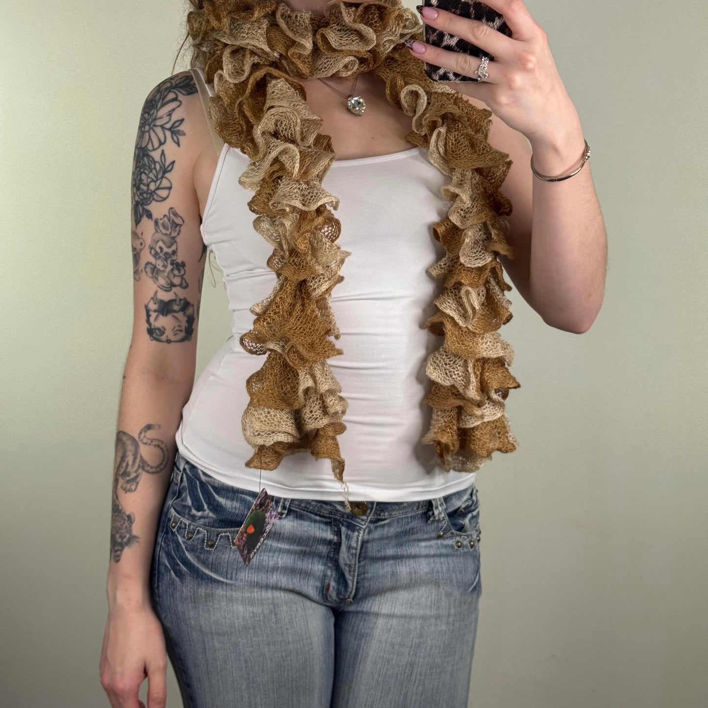 Y2K vintage knitted ruffle scarf layered beige cream knit