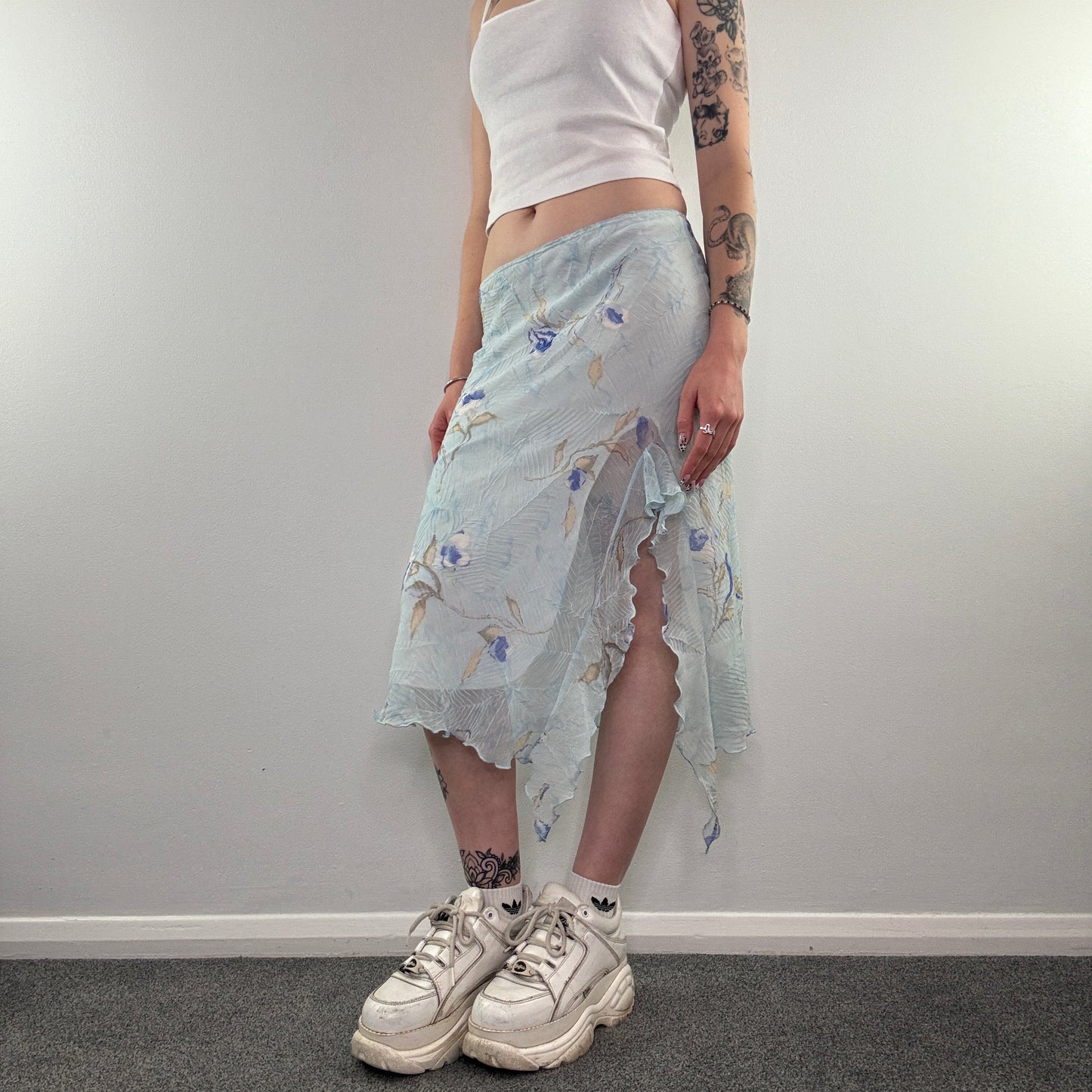 Y2K fairy floral ruffle crease floaty maxi skirt