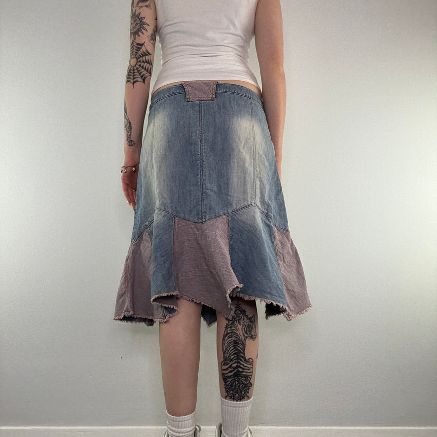 Y2K light denim patchwork frill fraying hem midi skirt