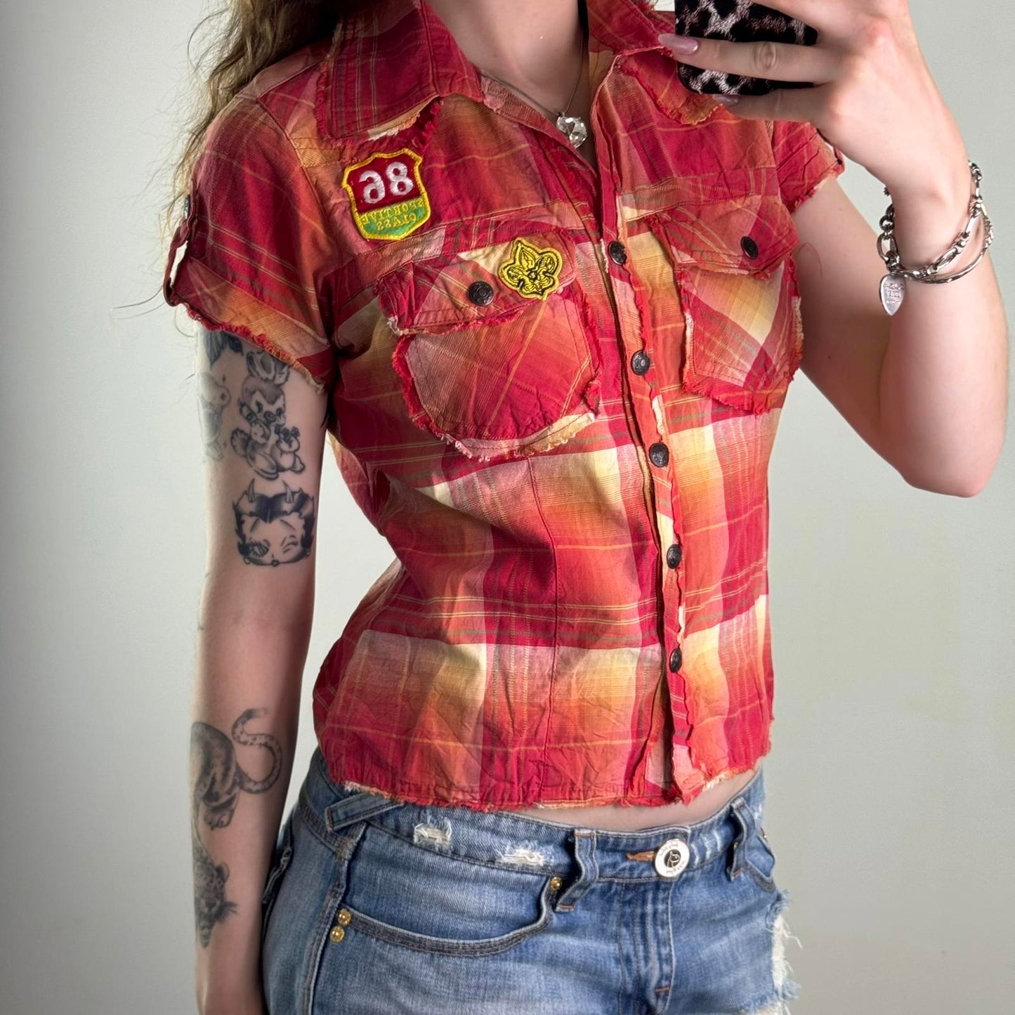 Y2K vintage check print tartan shirt short sleeve popper button up red yellow