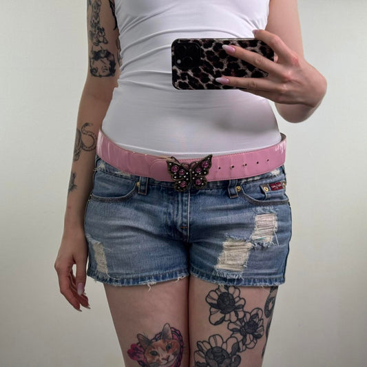 Y2K vintage faux patent leather butterfly belt rhinestone baby pink shiny