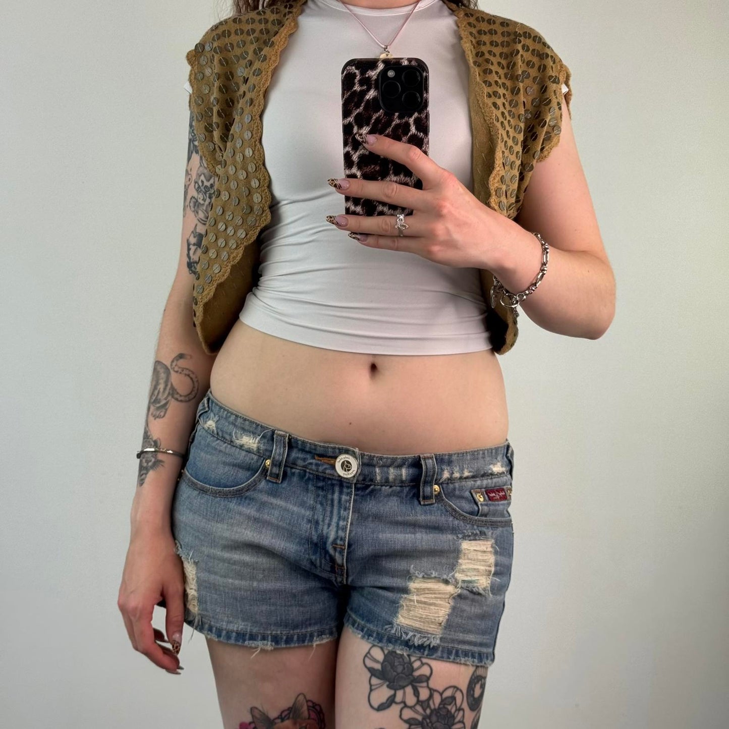 Y2K vintage cropped cardigan metal disc embellished short sleeve knitted beige