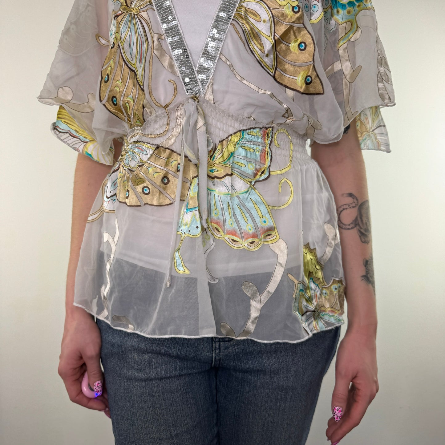 Y2K vintage silk butterfly sheer floaty top blouse