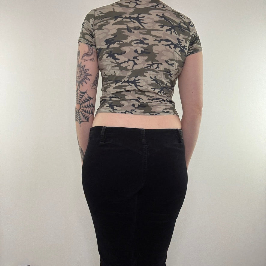 Y2K vintage camo mesh top baby tee cropped v neck fine mesh