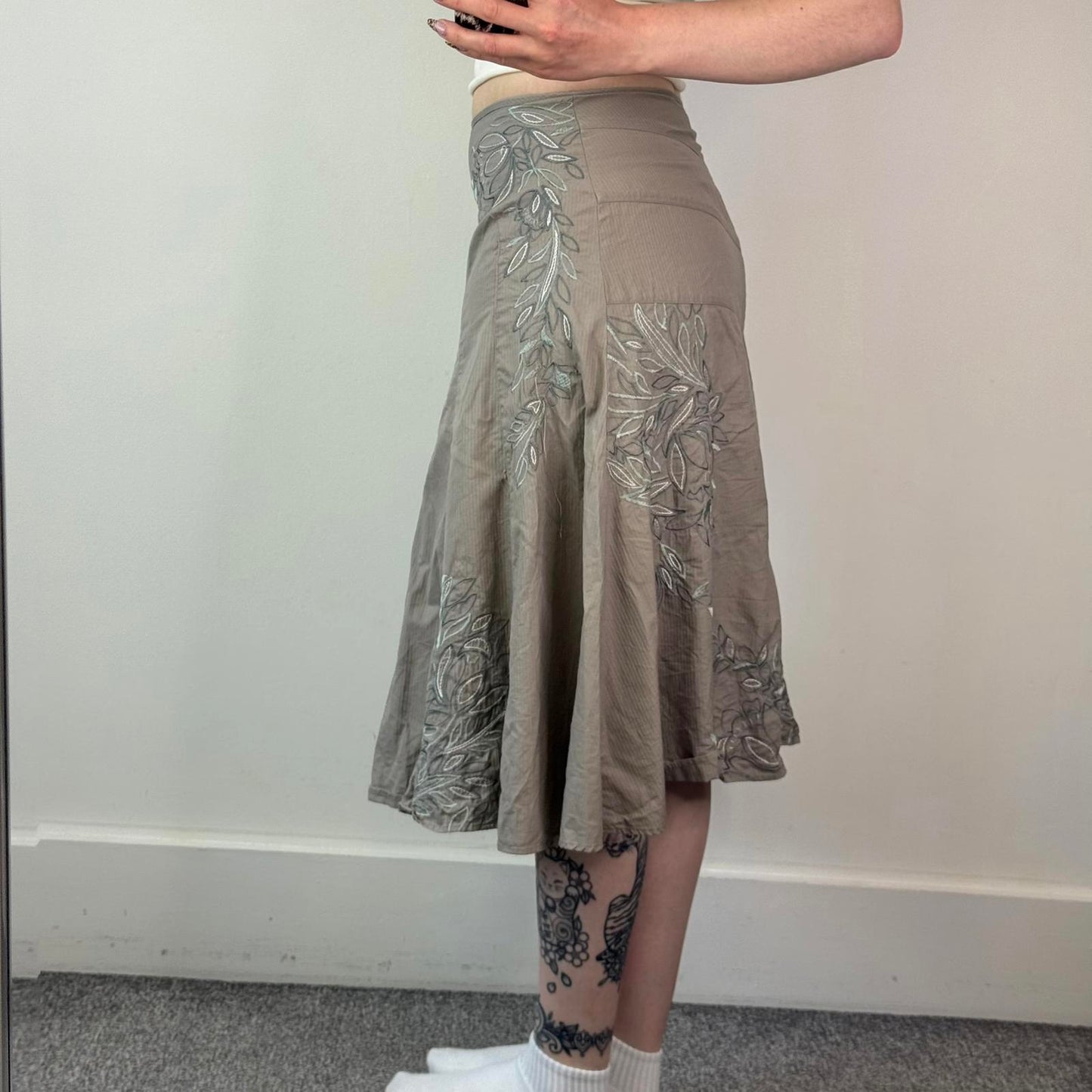 Y2K vintage stripe floral embroidered midi skirt a line button up 100% cotton