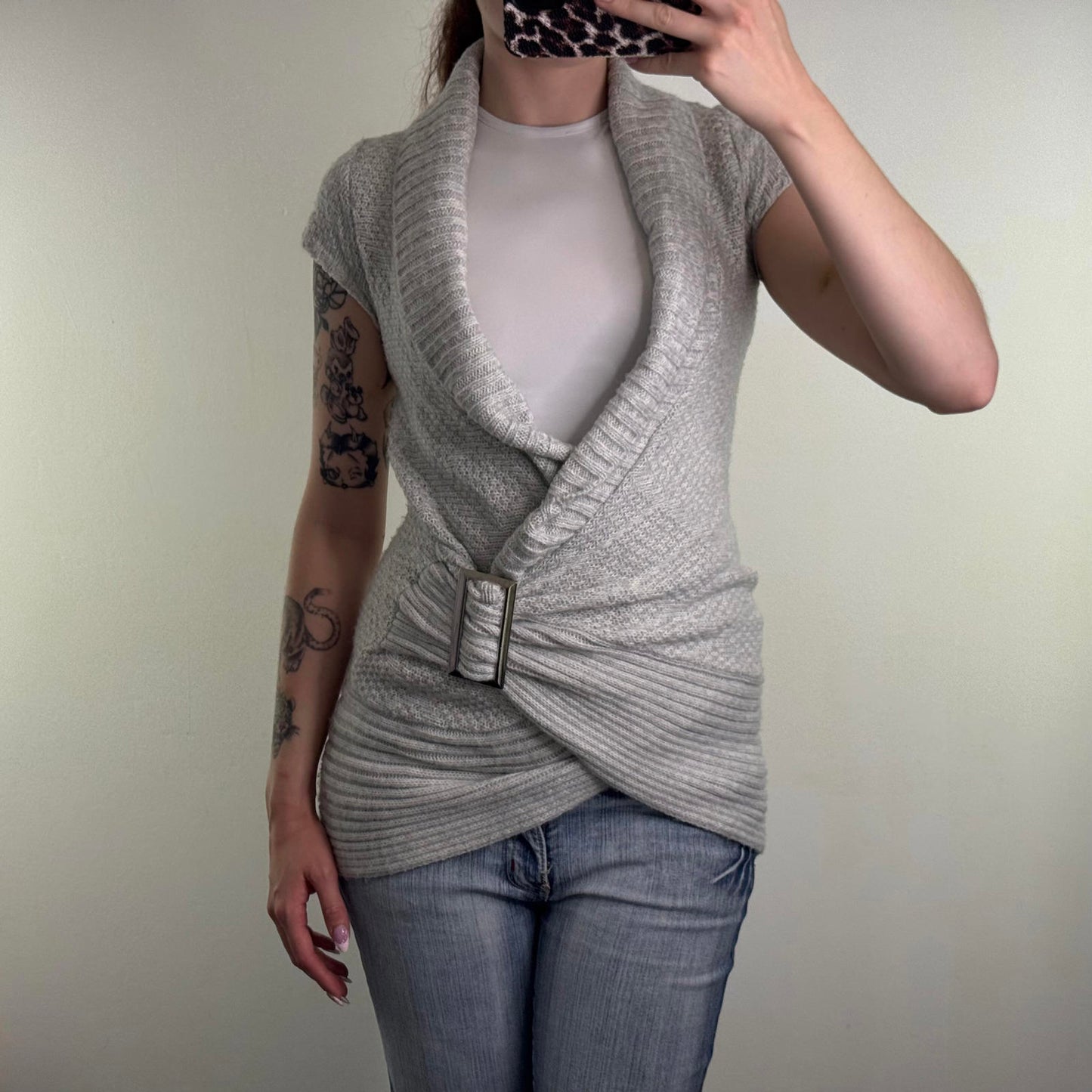 Y2K vintage Jane Norman short sleeve knitted jumper side buckle deep v neck