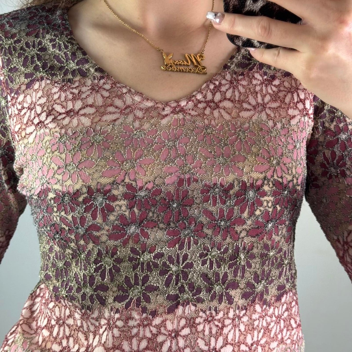 Y2K vintage mesh floral stripe 3/4 sleeve top lace pink/ purple v neck