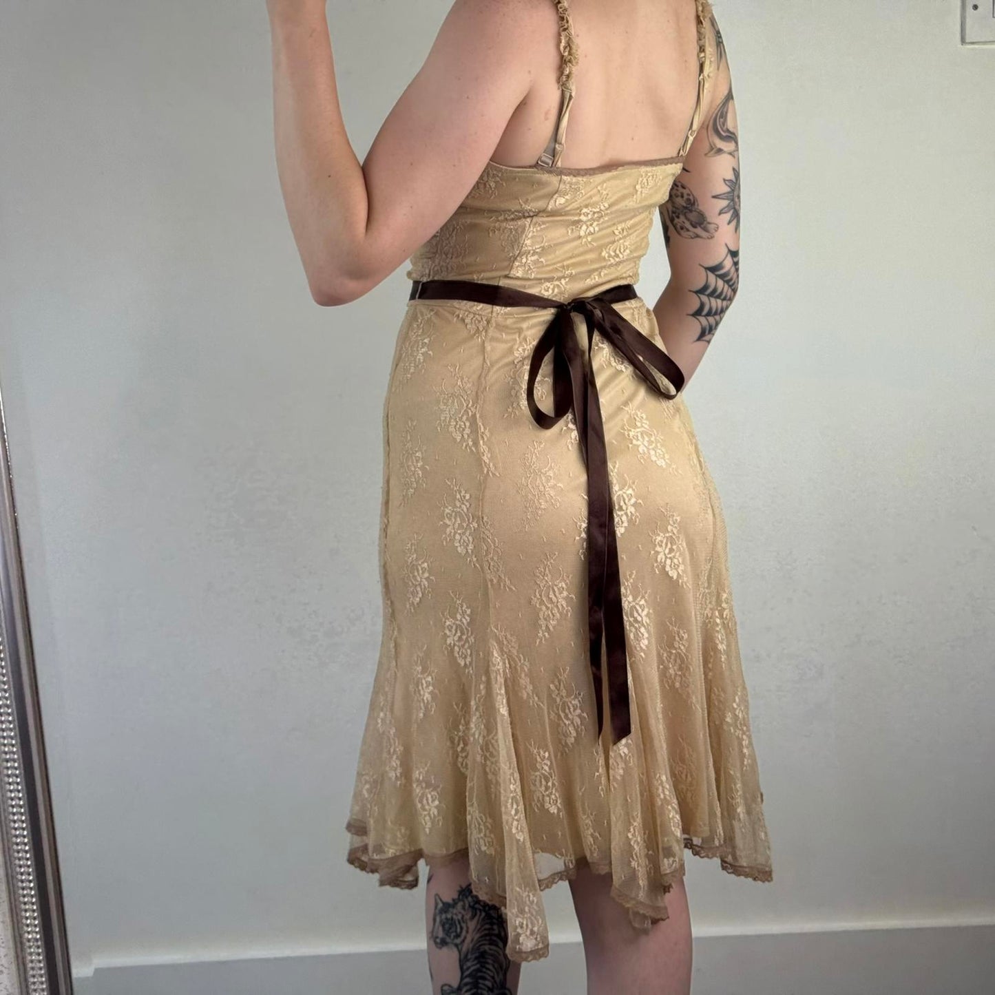 Y2K vintage coquette lace ruched midi dress adjustable bow ruffle asymmetrical
