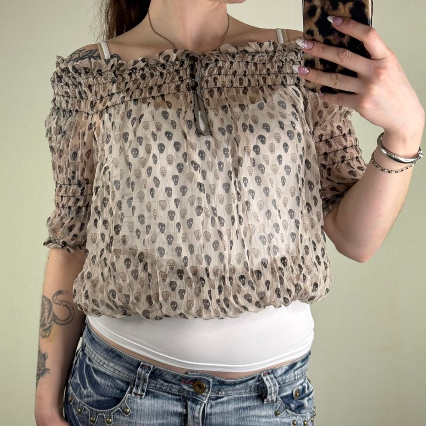 Y2K vintage blouse skull print short sleeve cropped keyhole sheer lightweight