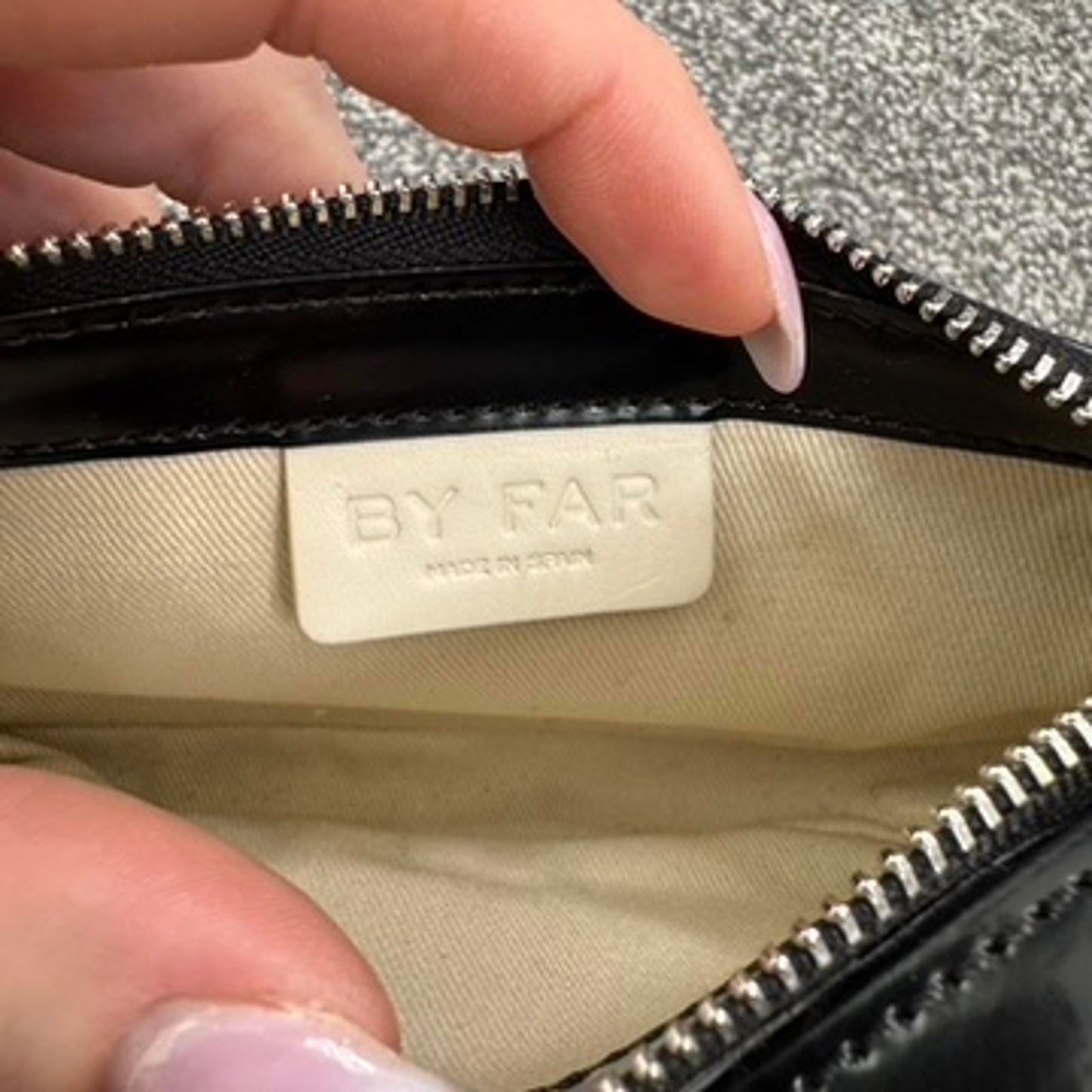 By FAR faux leather patent mini micro handbag chain small black silver dust bag