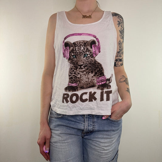 Y2K vintage leopard tank top rock it text slogan baggy