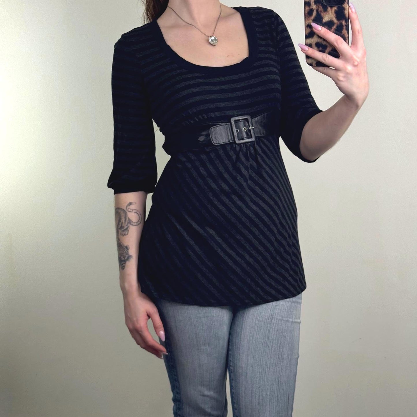 Y2K vintage stripe 3/4 sleeve top adjustable bow buckle deep neck longline