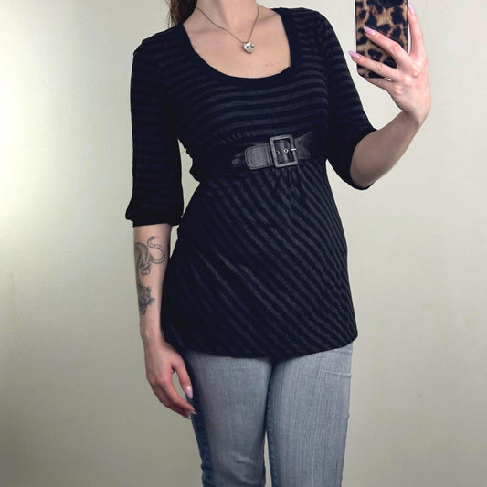 Y2K vintage stripe 3/4 sleeve top adjustable bow buckle deep neck longline