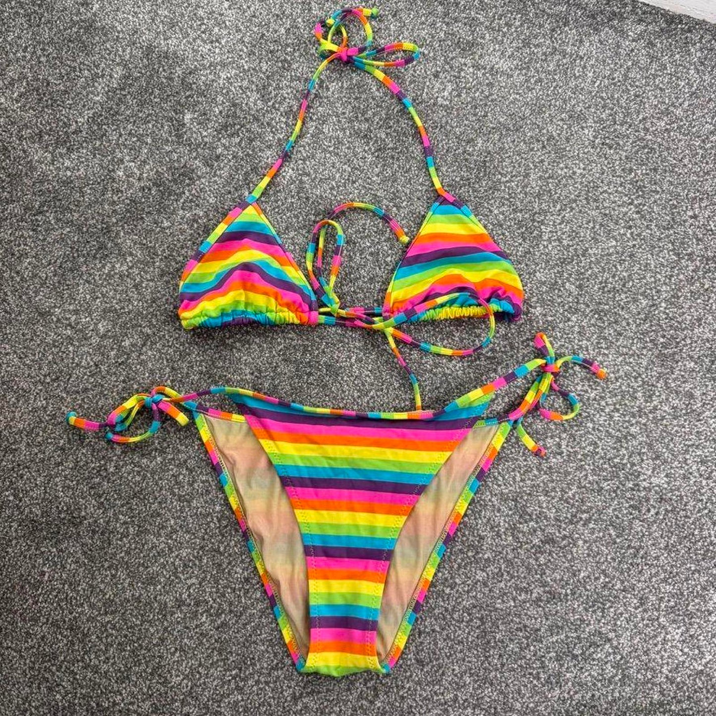 Rainbow stripe halter neck matching bikini set rainbow multi tie bow