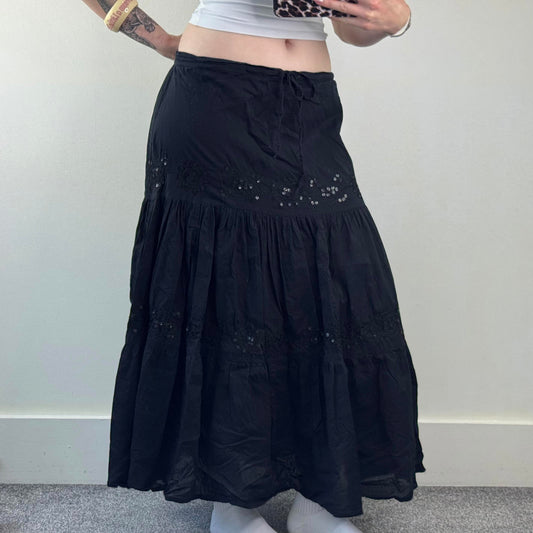 Y2K vintage boho maxi skirt sequin a line drawstring embroidery lightweight