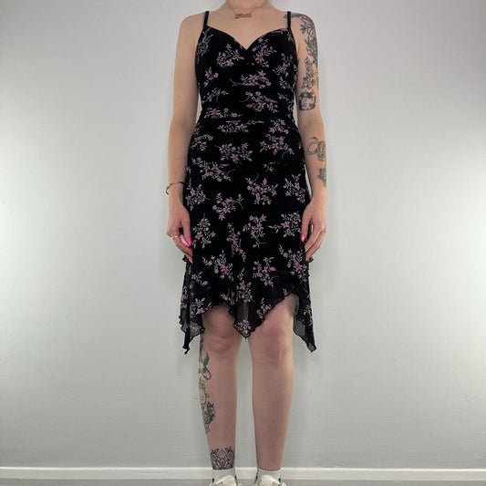 Y2K ruched floral fairy asymmetrical mesh midi dress