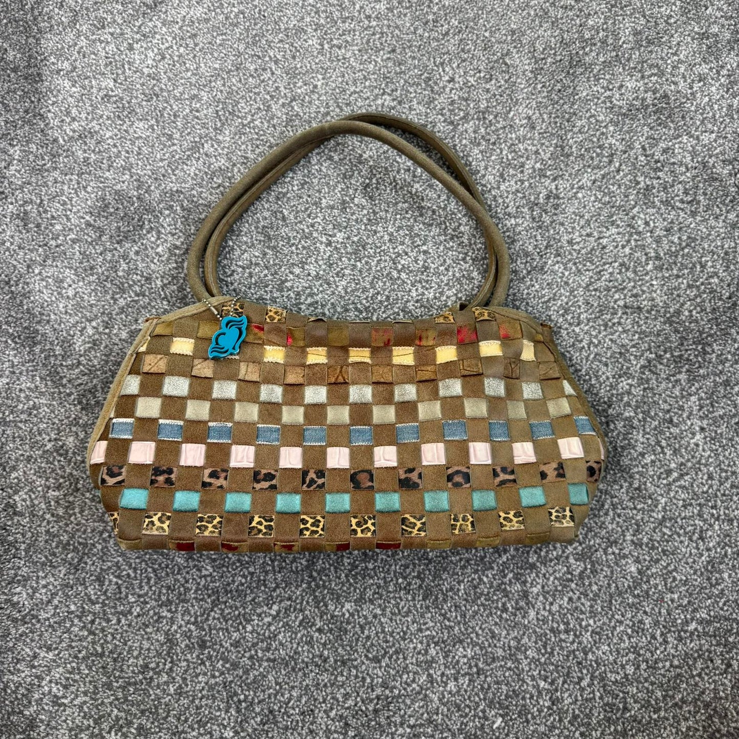 Y2K vintage suede shoulder bag woven leopard print denim pink blue brown