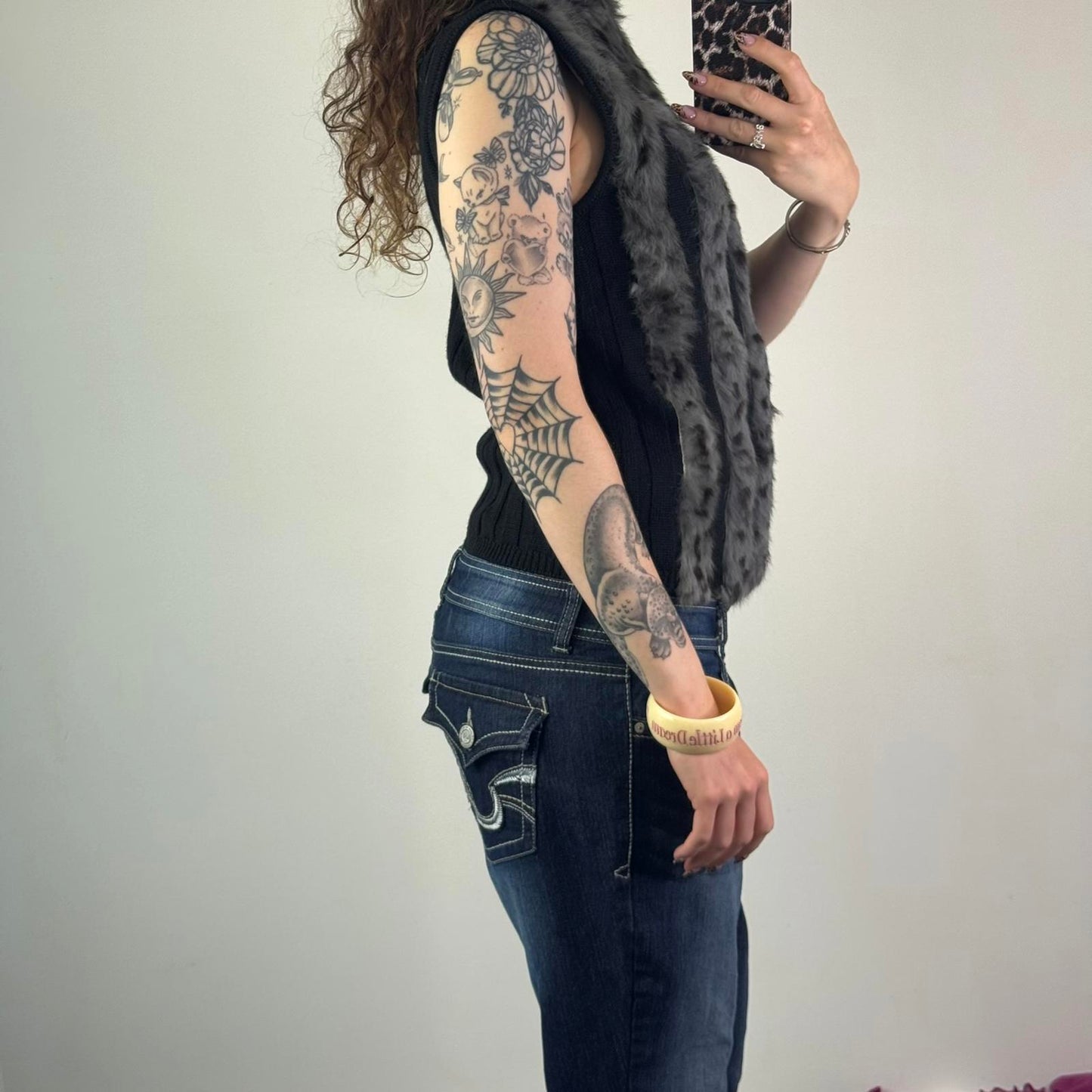 Y2K vintage genuine fur stripe knit sleeveless jacket zip up gilet polka dot