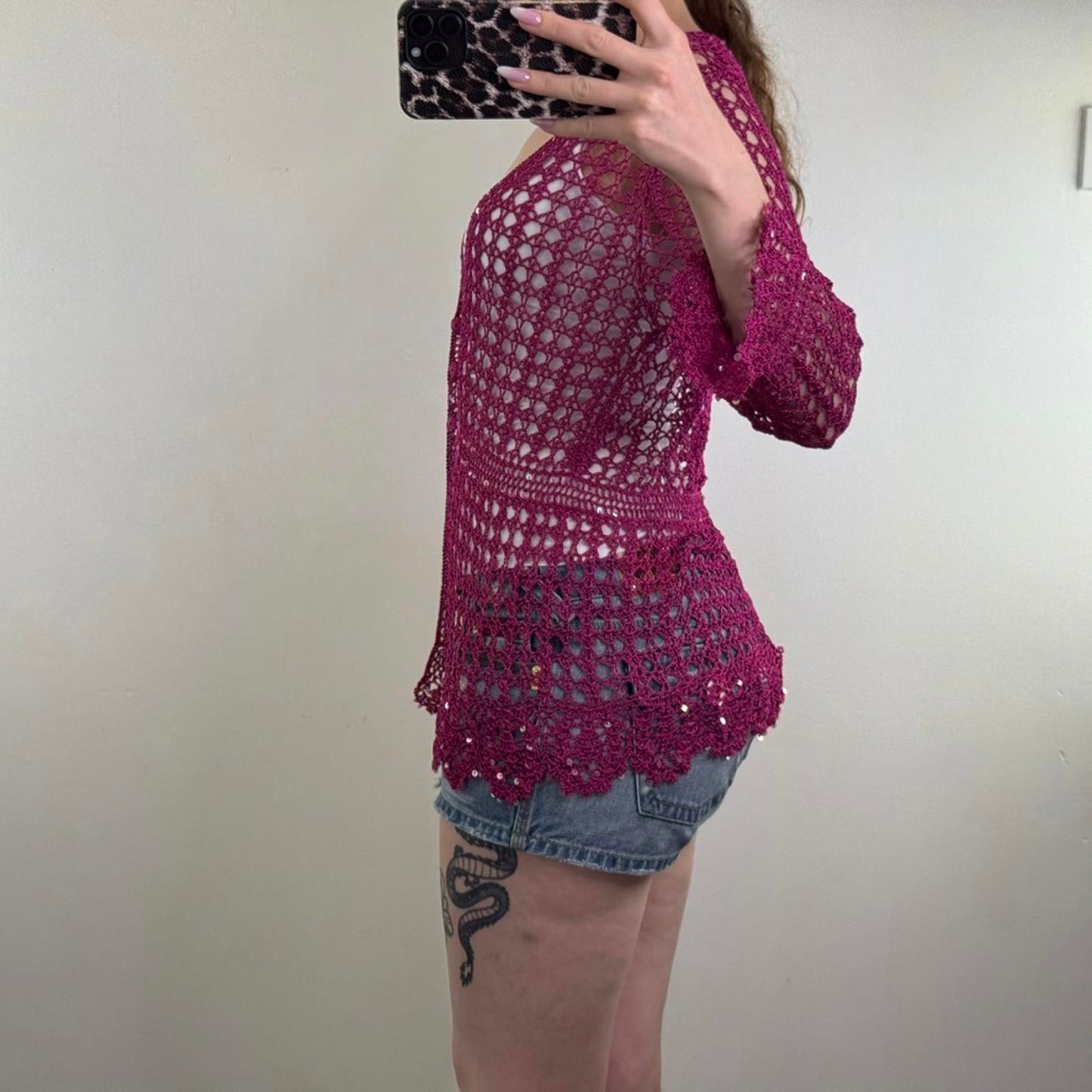 Y2K vintage crochet cardigan sequin button up scallop hem pink v neck knit sheer