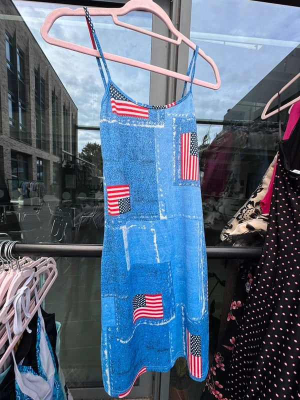 Y2K vintage slinky USA flag mini dress lace up back