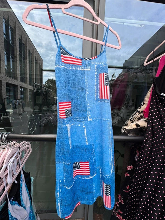 Y2K vintage slinky USA flag mini dress lace up back