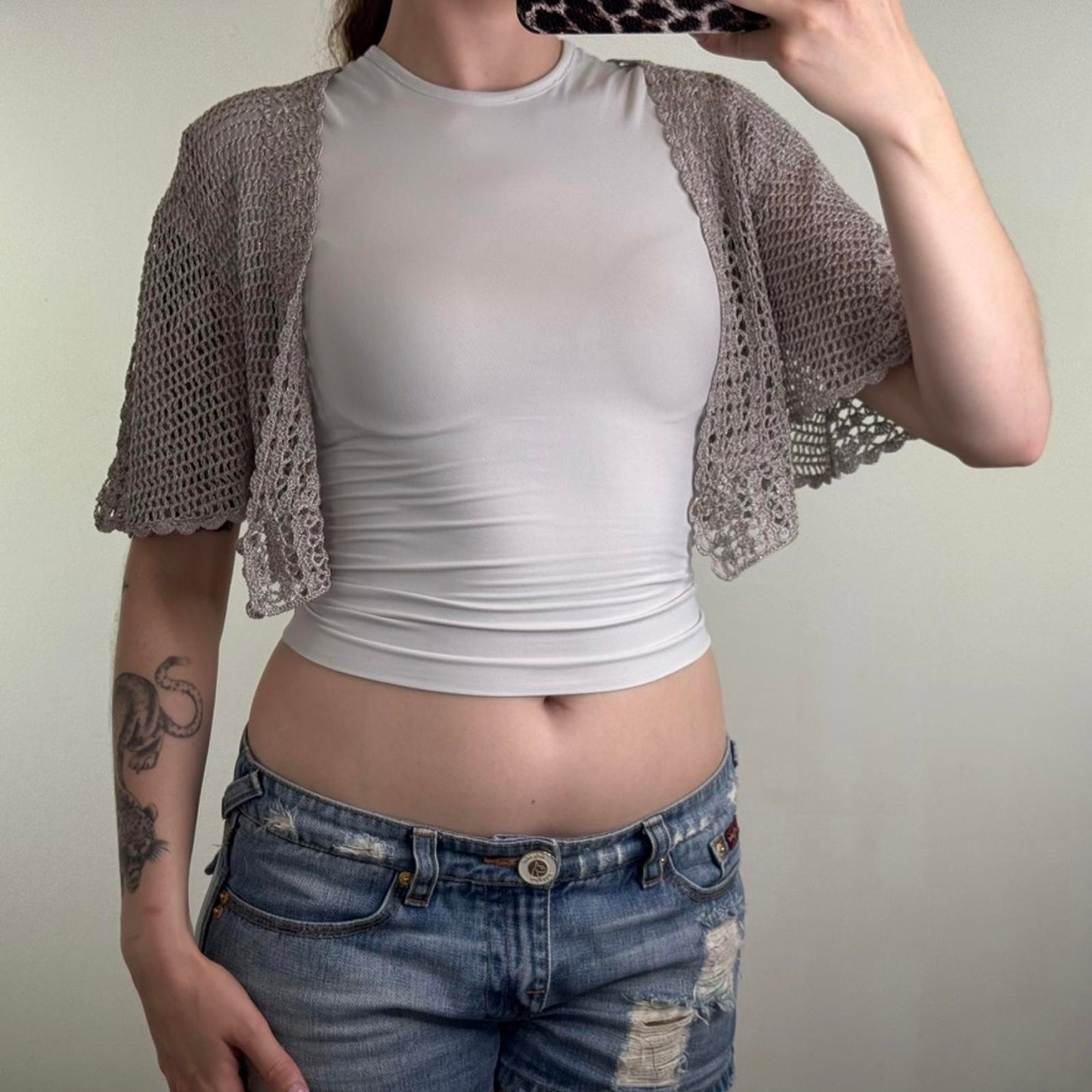 Y2K vintage crochet batwing short sleeve cardigan cropped fitted open bust