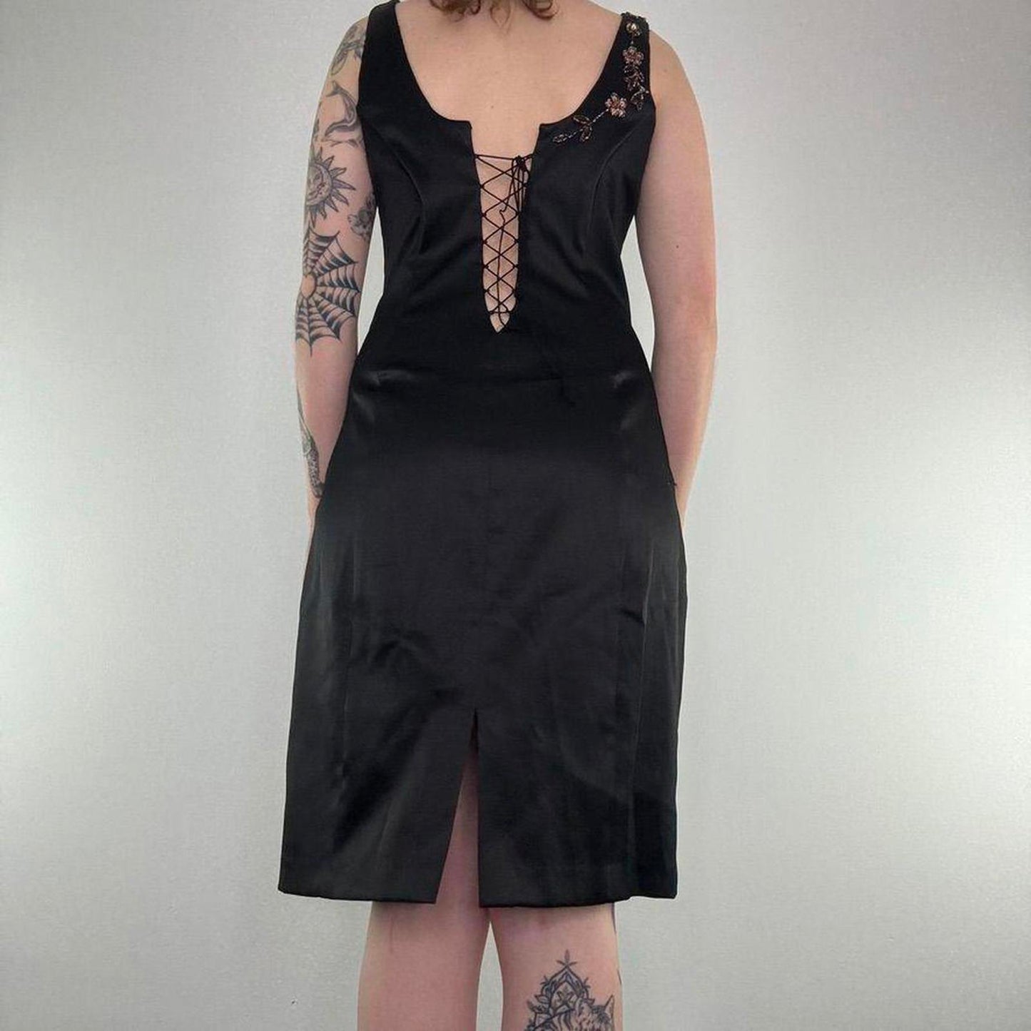 Y2K vintage satin style floral embroidered lace up midi dress fitted round neck