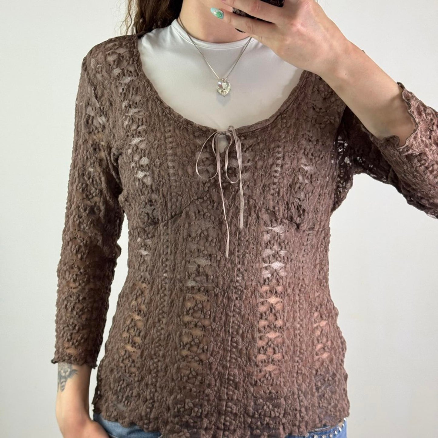 Y2K vintage mesh lace 3/4 sleeve top bust bow keyhole round deep neckline sheer