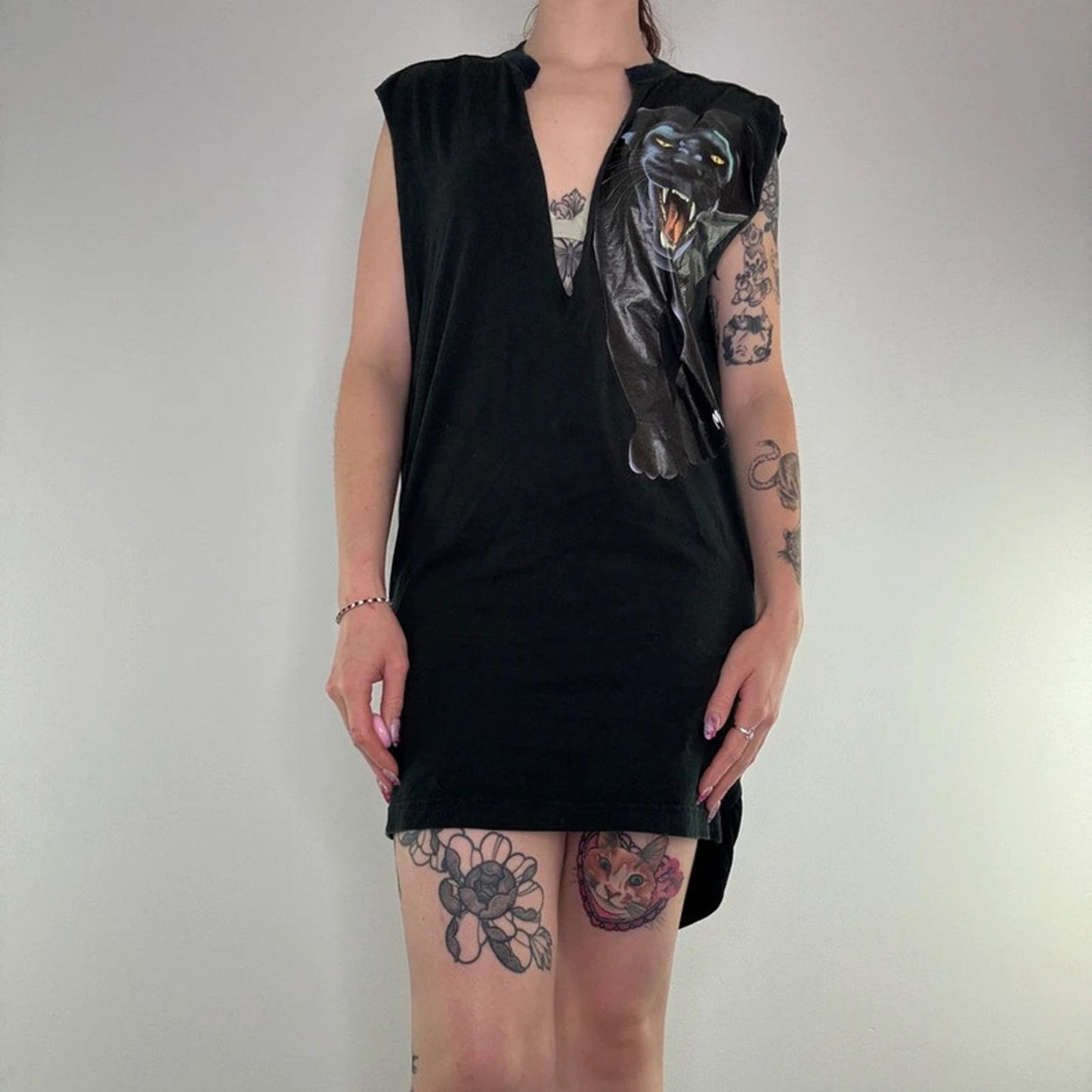 Y2K vintage Miss Sixty Luxury panther mini dress/ long tunic top deep v neck
