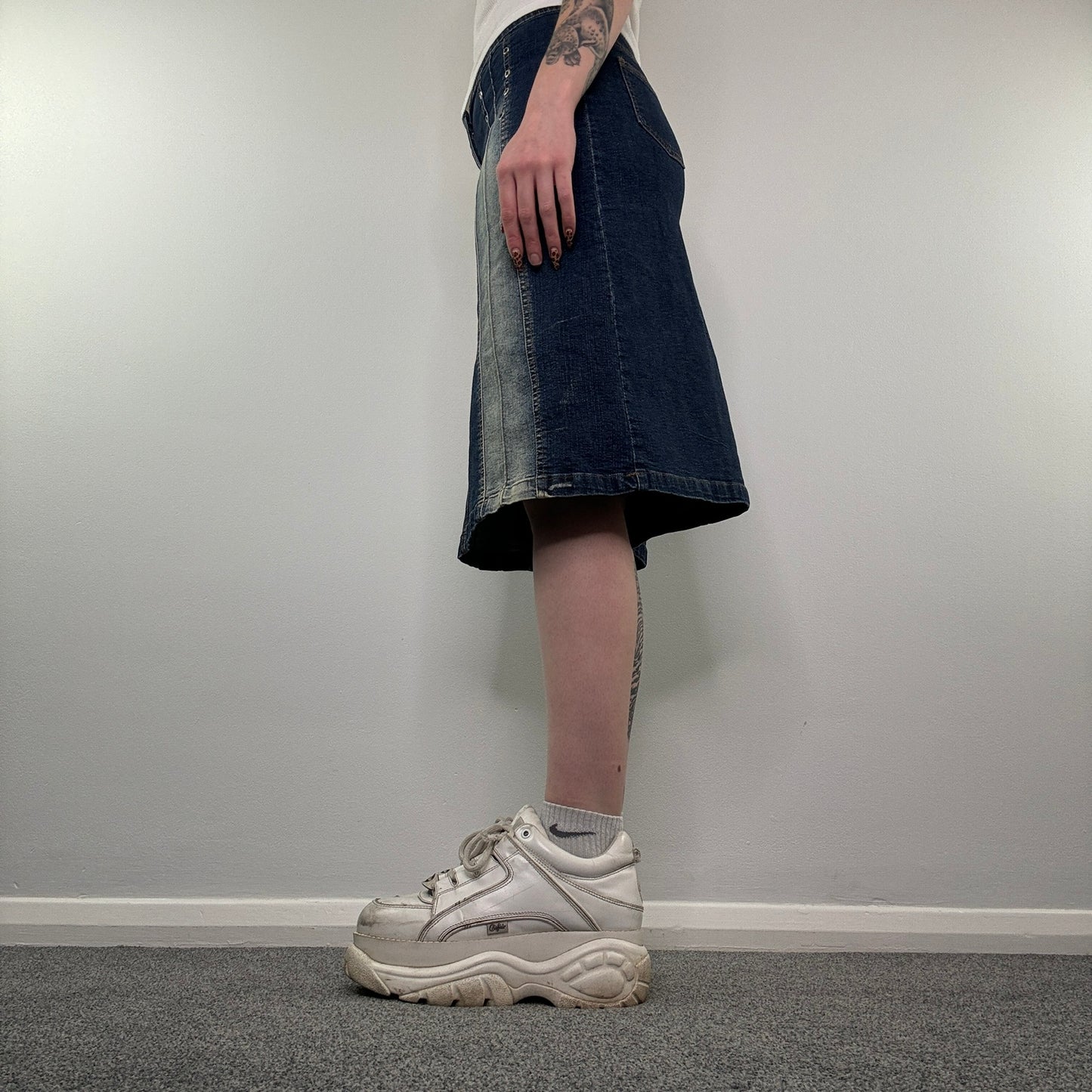 Y2K faded denim grommet midi skirt