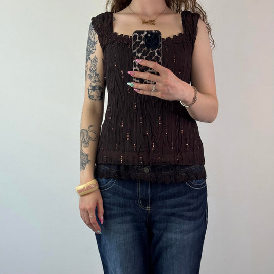 Y2K vintage crinkle sequin sheer cap sleeve top lace scoop neckline