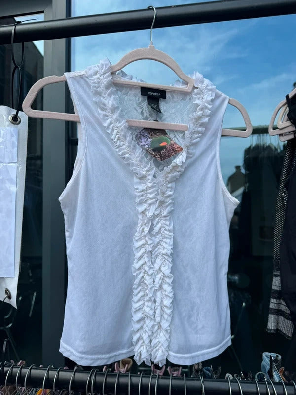 Y2K vintage lace sheer mesh ruffle tank top v neck