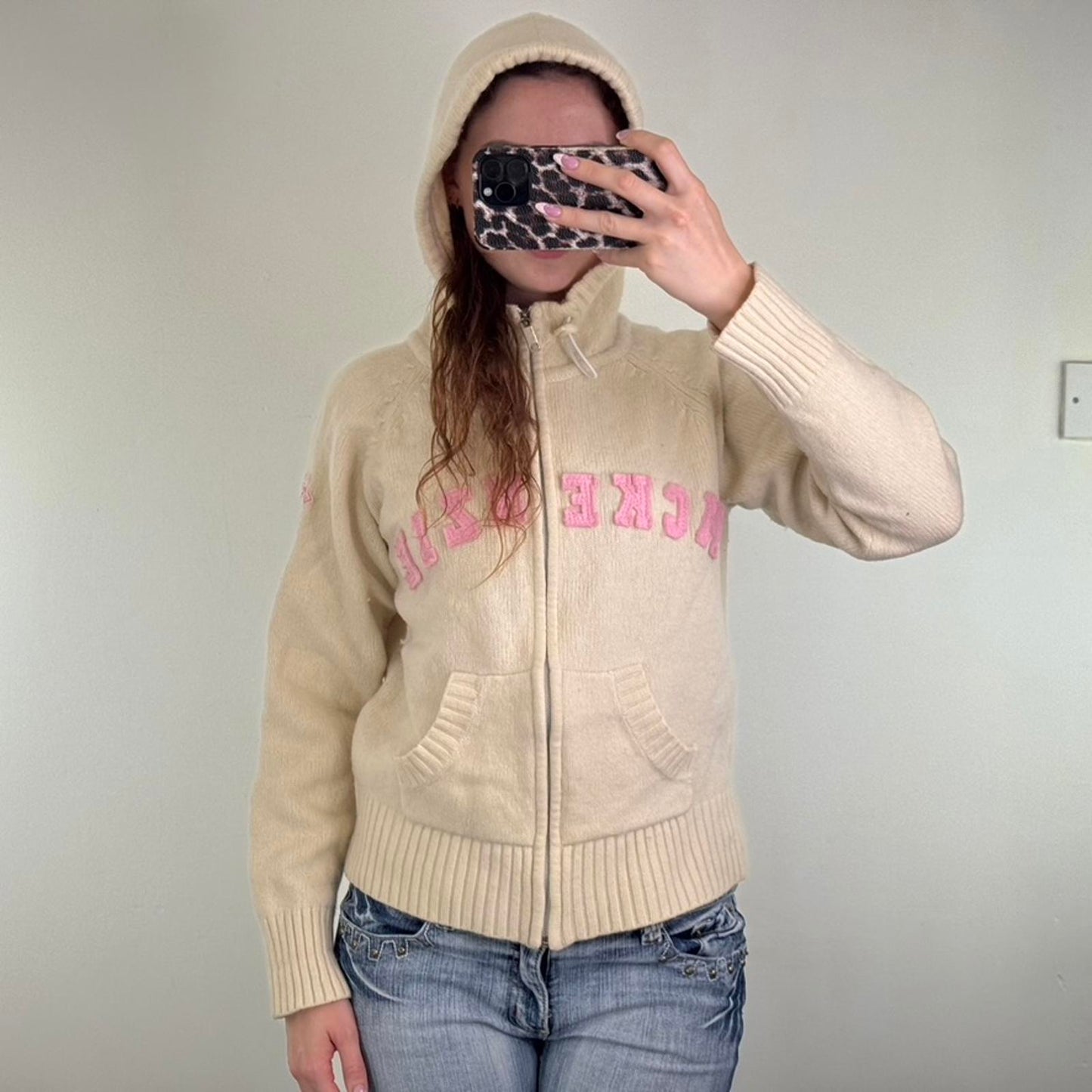 Y2K vintage McKenzie wool blend zip up hoodie pink toggles cream pink