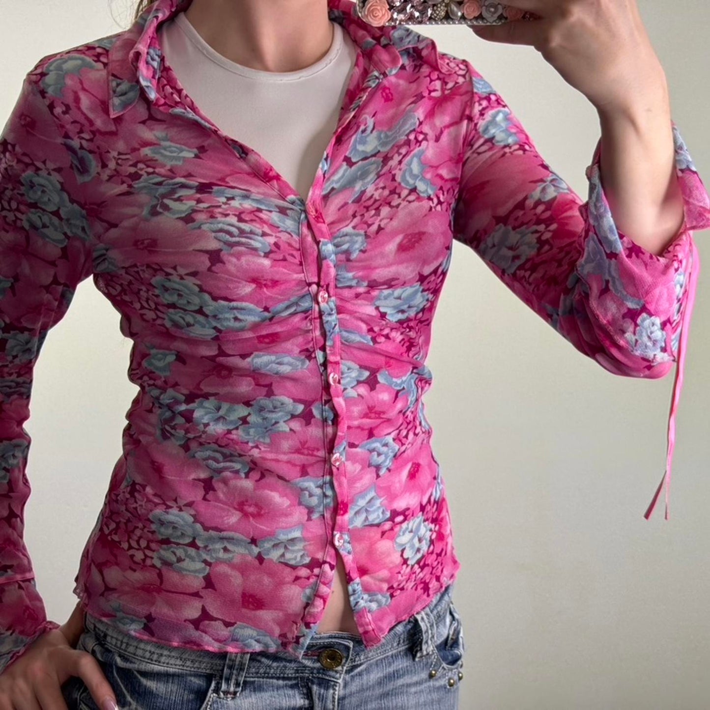 Y2K vintage Per Una mesh long sleeve top button up sheer floral bows ruched