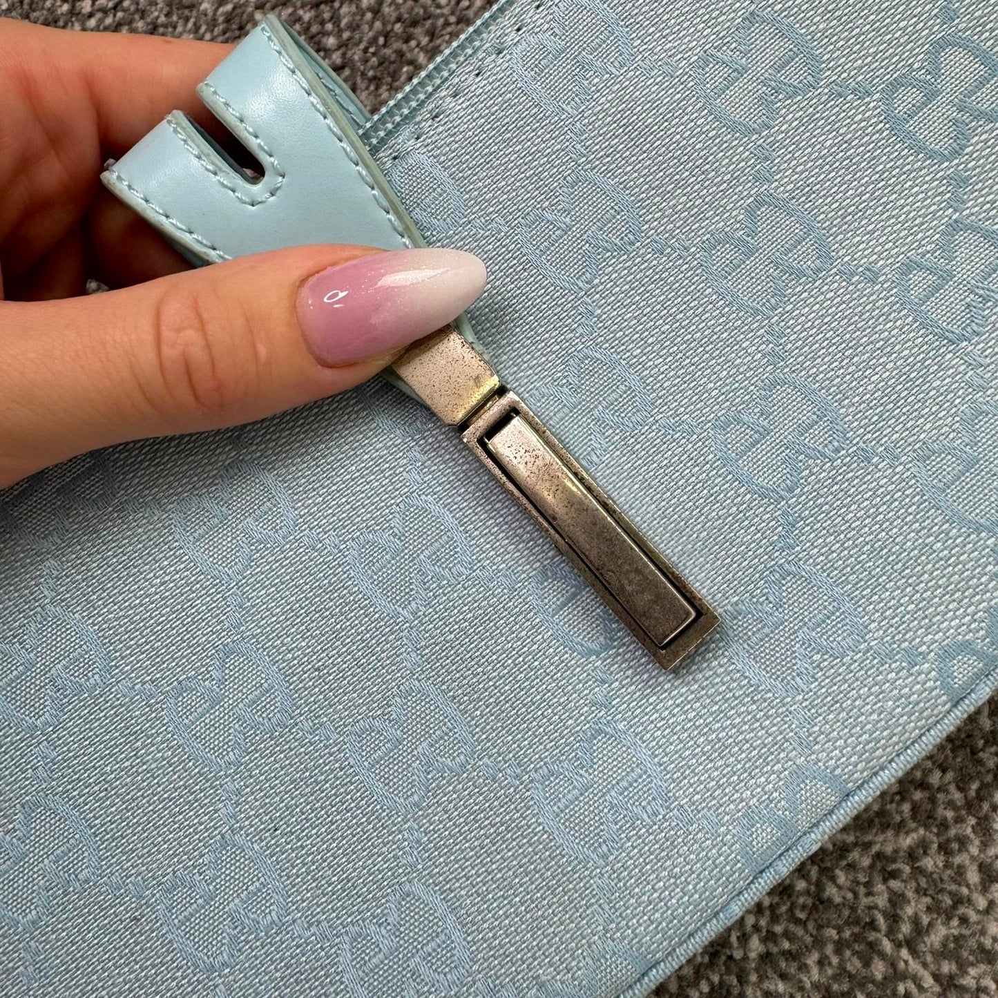 Y2K vintage canvas mini shoulder bag baby blue baguette silver