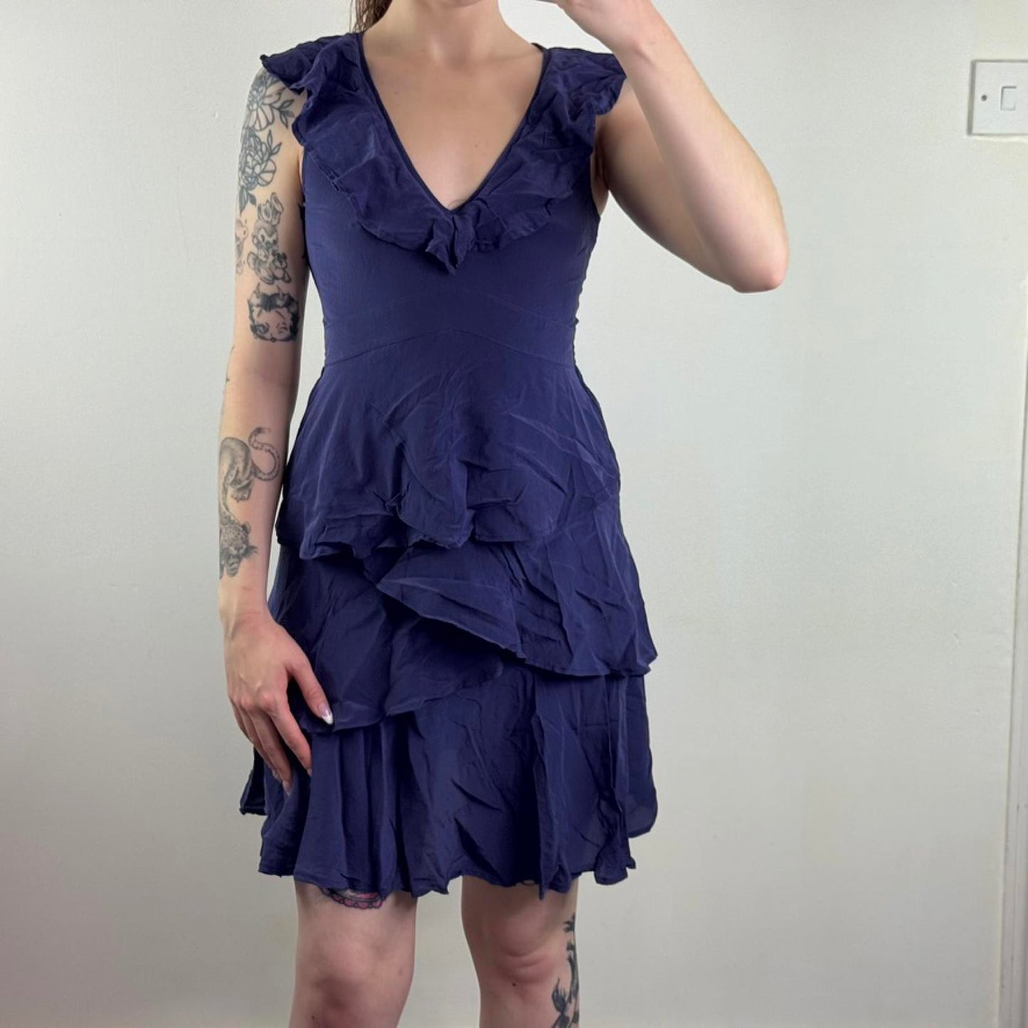Y2K vintage 100% silk midi dress ruffle layered v neck above knee length purple