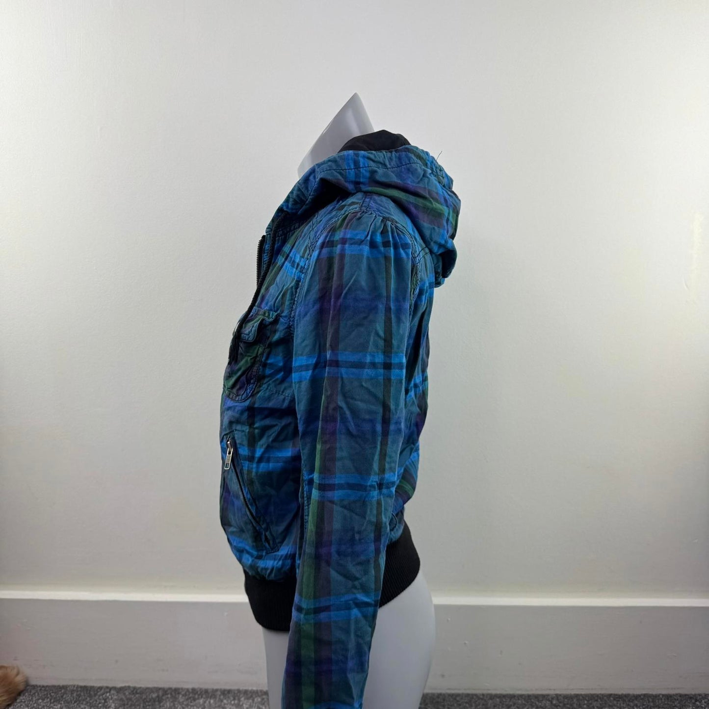 Y2K vintage tartan check zip up bomber jacket lightweight with hood plaid blue