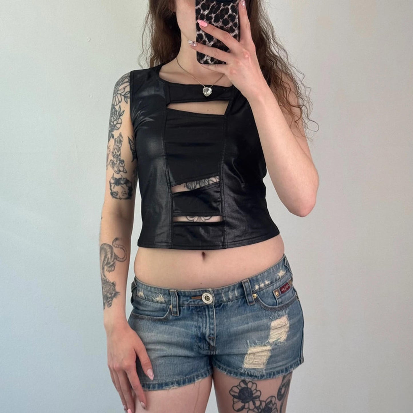 Y2K 90s vintage cut out slinky tank top crop round neck festival rave wet look