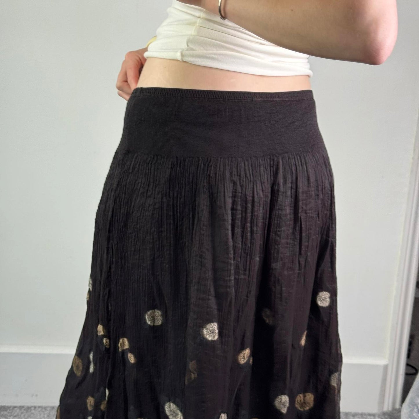 Y2K vintage stretchy maxi skirt floral sheer double overlay brown a line