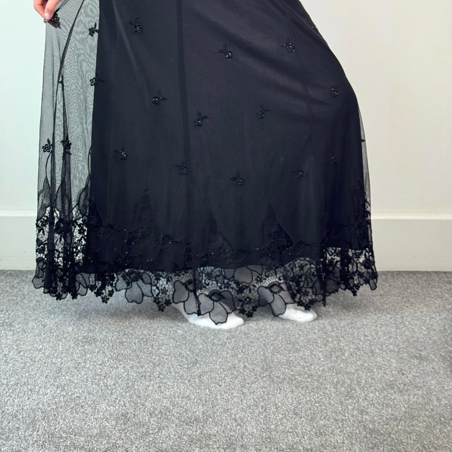 Y2K vintage mesh overlay floral maxi skirt floral embroidered hem stretchy waist