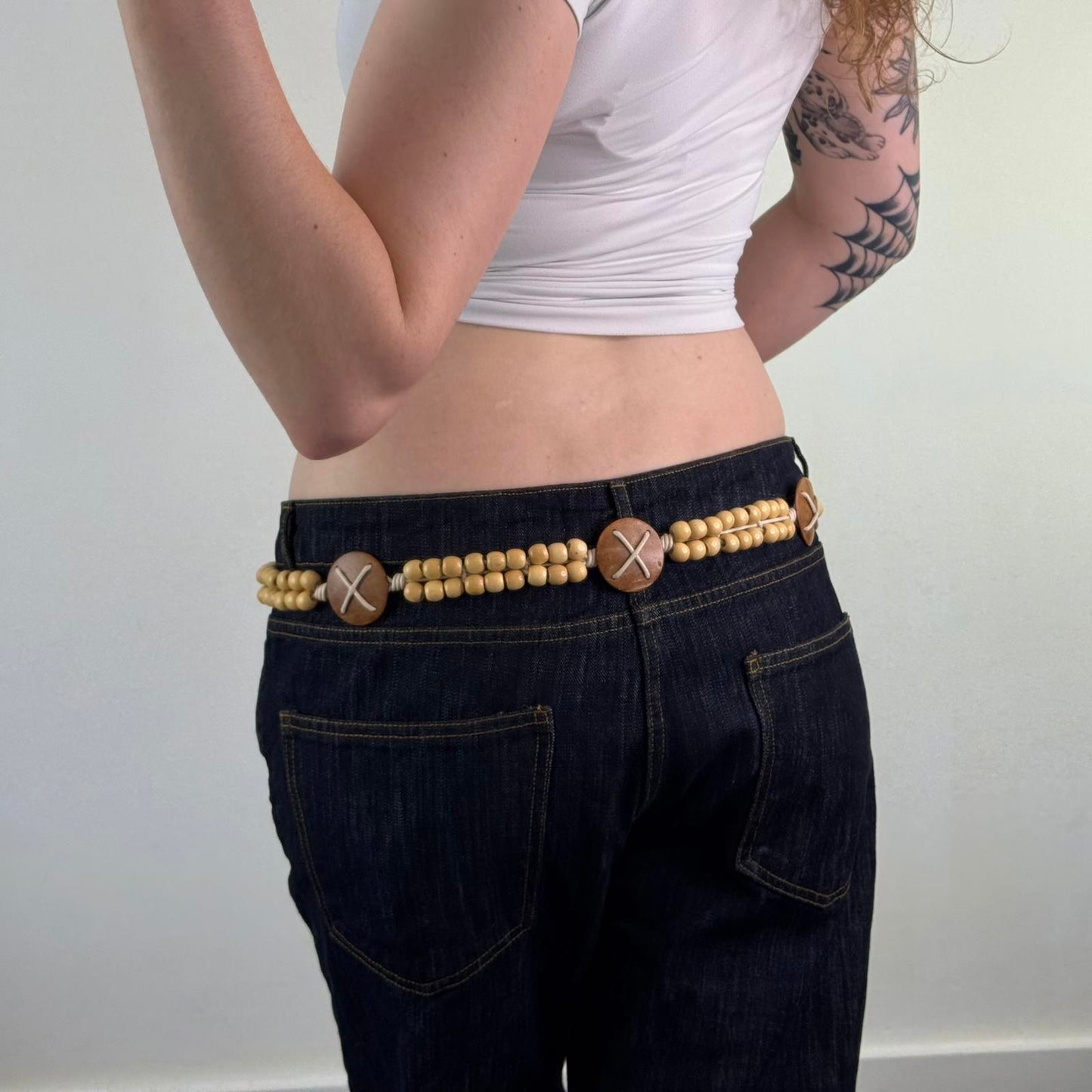 Y2K vintage wooden beaded string bow belt light brown beige adjustable