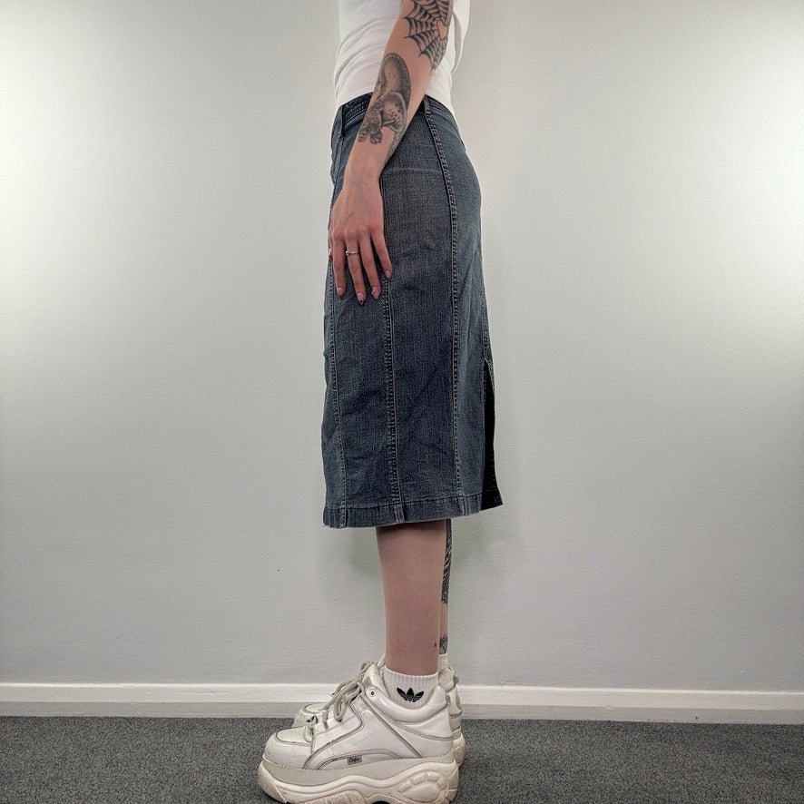 Y2K vintage low rise faded denim midi skirt