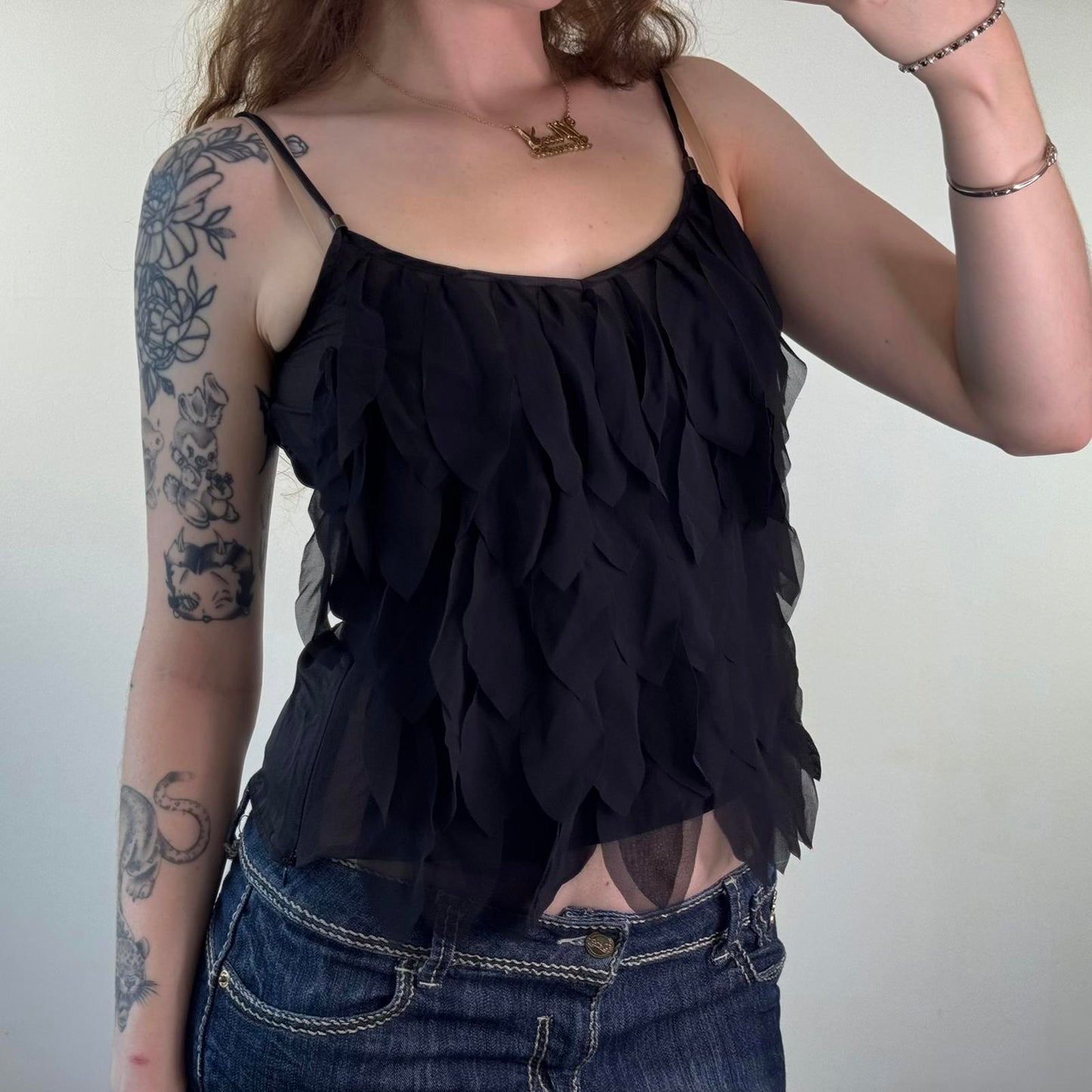 Y2K vintage 100% silk ruffle cami top strappy lightweight black